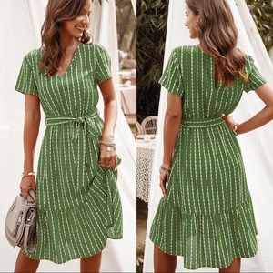 🆕V Neck Short Sleeve Midi Dress Green